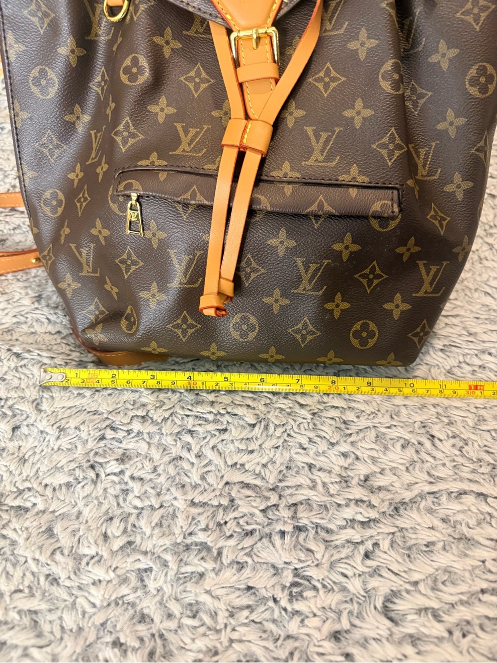 Brown Monogram Drawstring Backpack with Tan Trim - Picture 9 of 11